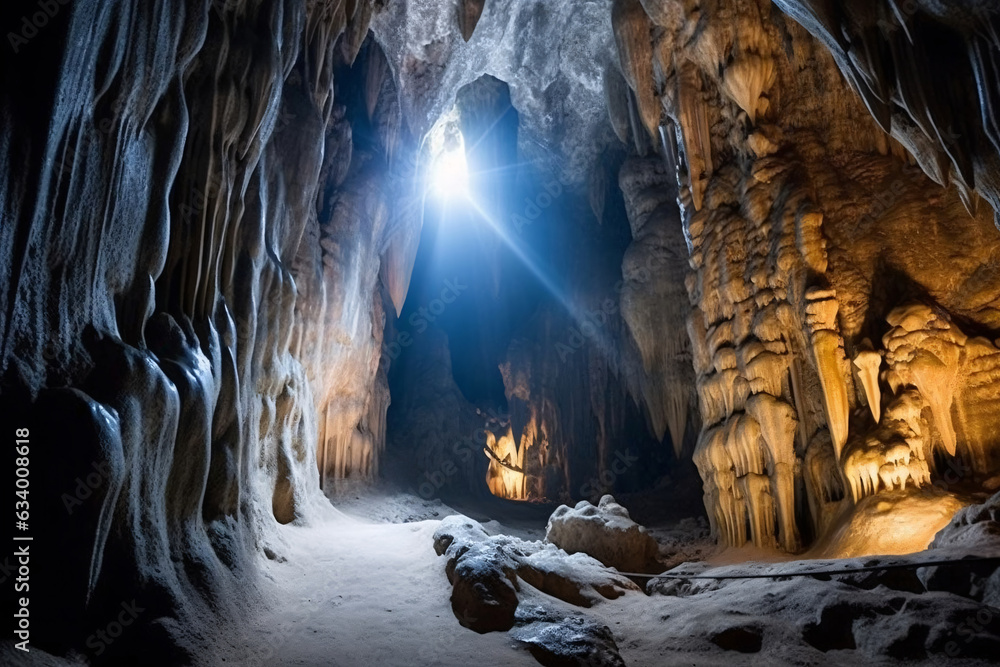 Mystical caves with stalactites underground