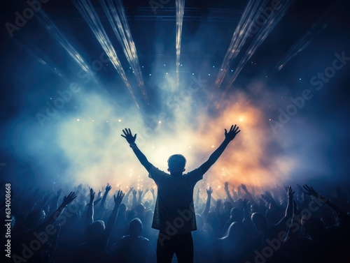 Generative AI image of back view of anonymous male fan looking away while standing above rest of unrecognizable audience showing open raised hands and encouraging artists in live concert