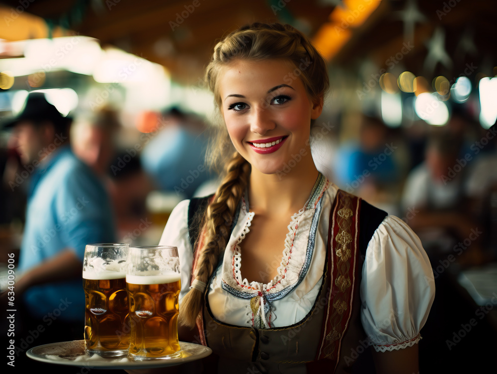 Oktoberfest waitress, wearing a traditional Bavarian dress, serving beers. German traditional festival or bier fest. Shallow field of view Oktoberfest waitress, wearing a traditional Bavarian dress, serving beers. German traditional festival or bier fest. Shallow field of view
