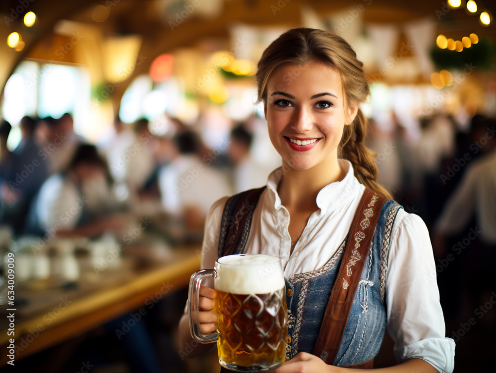Oktoberfest waitress, wearing a traditional Bavarian dress, serving beers. German traditional festival or bier fest. Shallow field of view Oktoberfest waitress, wearing a traditional Bavarian dress, serving beers. German traditional festival or bier fest. Shallow field of view