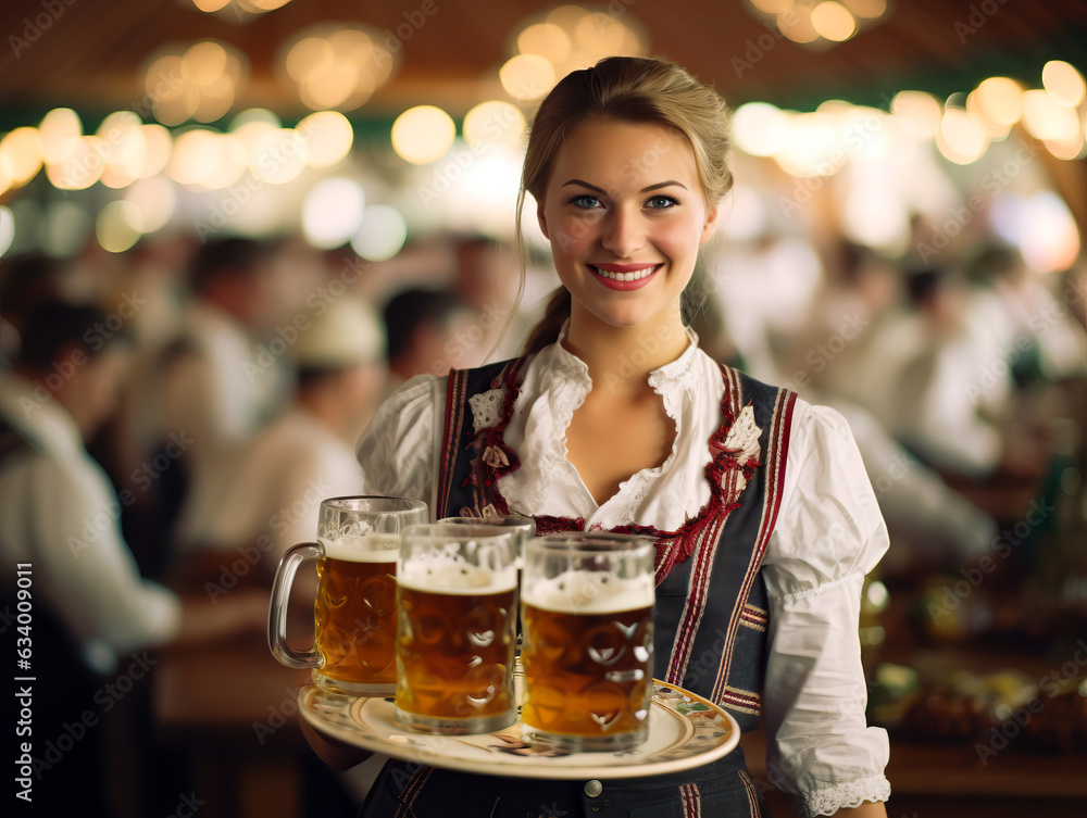 Oktoberfest waitress, wearing a traditional Bavarian dress, serving beers. German traditional festival or bier fest. Shallow field of view Oktoberfest waitress, wearing a traditional Bavarian dress, serving beers. German traditional festival or bier fest. Shallow field of view