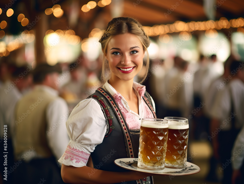 Oktoberfest waitress, wearing a traditional Bavarian dress, serving beers. German traditional festival or bier fest. Shallow field of view Oktoberfest waitress, wearing a traditional Bavarian dress, serving beers. German traditional festival or bier fest. Shallow field of view
