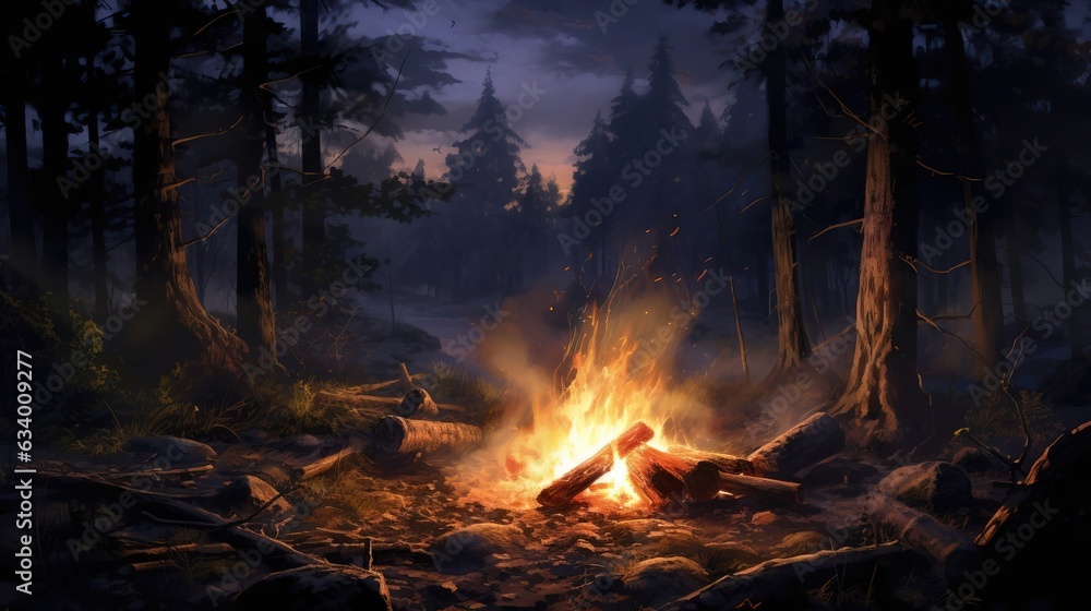Firewood burns at night,night scene. Created using Generative AI technology. Firewood burns at night,night scene. Created using Generative AI technology.