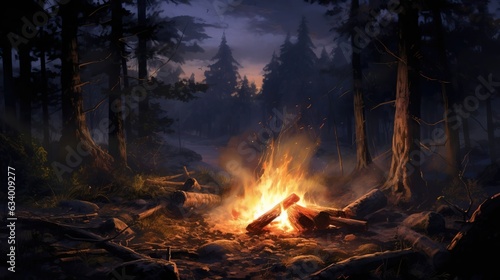 Firewood burns at night,night scene. Created using Generative AI technology.