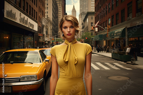 Fashionable Beautiful woman , New York street, vintage picture in movie style.