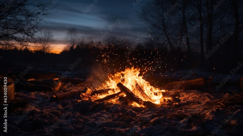 Firewood burns at night,night scene. Created using Generative AI technology. Firewood burns at night,night scene. Created using Generative AI technology.