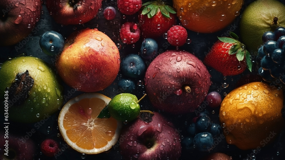 Close-up of fresh fruits with water drops on dark background. Healthy food concept Close-up of fresh fruits with water drops on dark background. Healthy food concept