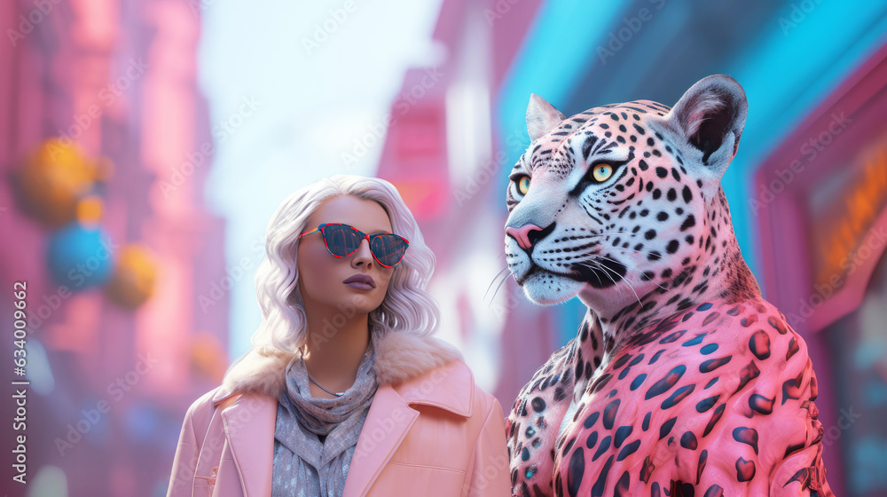 A beautiful fashionable model posing in front of a camera with a man in leopard costume. Pastel colours. Generative AI A beautiful fashionable model posing in front of a camera with a man in leopard costume. Pastel colours. Generative AI