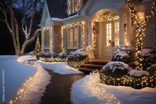 the enchanting beauty of a snow-covered garden adorned with glimmering holiday decorations, such as sparkling snowflake ornaments, and fairy lights wrapped around trees photo