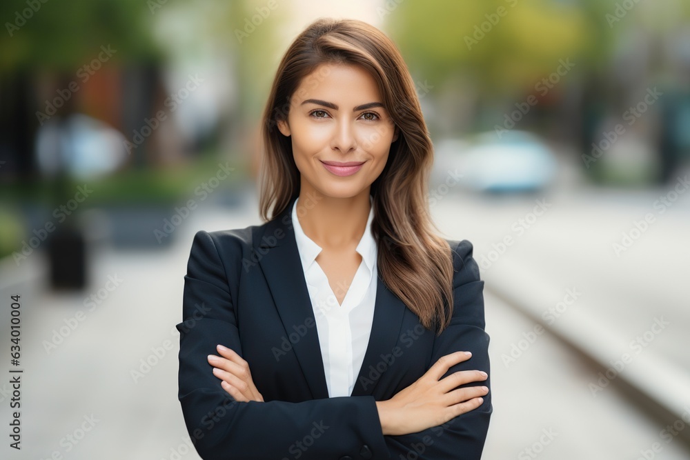Confident Businesswoman in Suit: Outdoor Elegance with Winning Smile Confident Businesswoman in Suit: Outdoor Elegance with Winning Smile