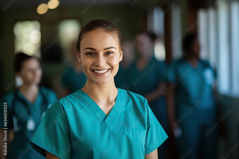 Young Nurse in Turquoise Nurse's Coat Smiling with Nursing Staff in bokeh Young Nurse in Turquoise Nurse's Coat Smiling with Nursing Staff in bokeh