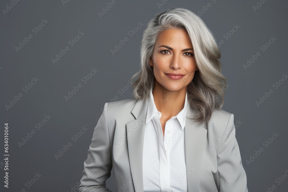 Portrait of mature beautiful woman with grey hairstyle and white top Portrait of mature beautiful woman with grey hairstyle and white top