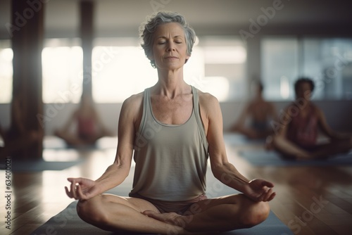 Senior Woman doing Lotus Position in Yoga Class