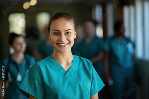 Young Nurse in Turquoise Nurse's Coat Smiling with Nursing Staff in bokeh