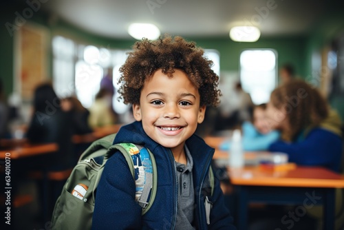 Smiling Schoolboy Embracing Learning Environment with Backpack