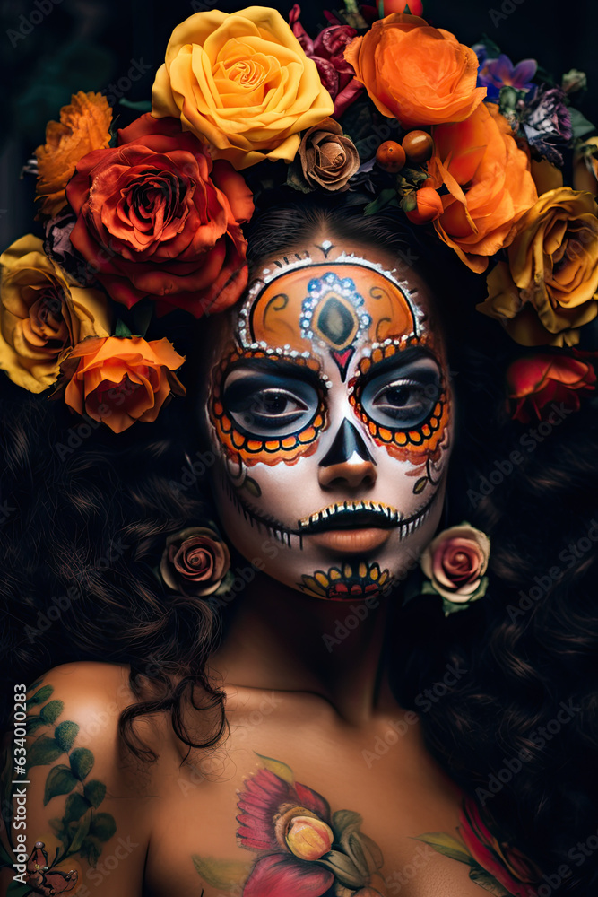 Calavera sugar skull woman with intricate face paint and flowers in her hair for dia de los muertos