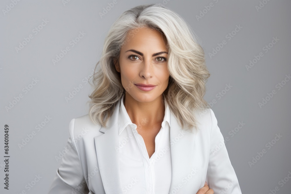 Portrait of mature beautiful woman with grey hairstyle and white top Portrait of mature beautiful woman with grey hairstyle and white top