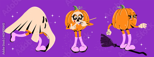  Flat vector illustration with a collection of retro 70s characters. Spooky funny characters of a cute pumpkin. Concept of groovy halloween stickers. photo