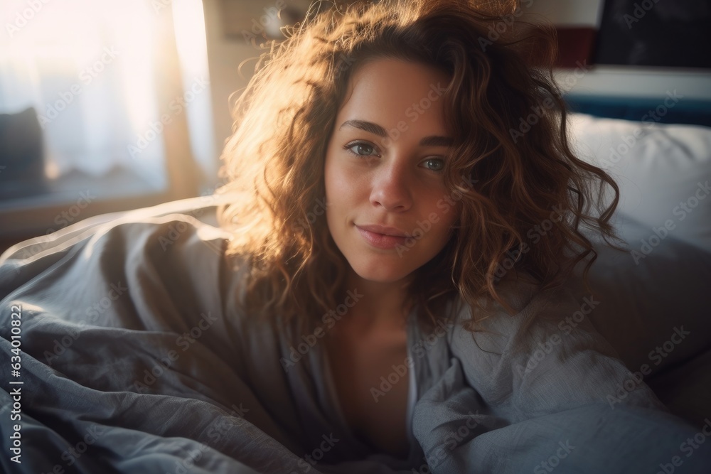 Portrait of a beautiful woman sitting on a bed Portrait of a beautiful woman sitting on a bed
