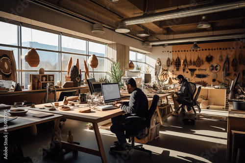 Capture the spirit of local culture in a startup workspace, with regional art, traditional crafts, and indigenous materials, celebrating the community's heritage." 