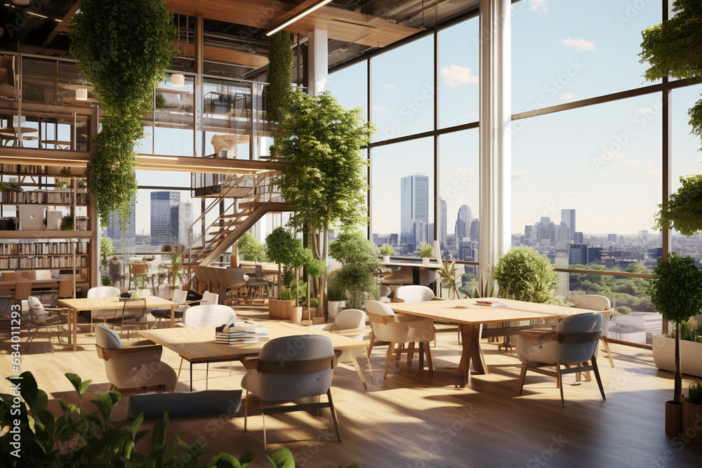 Create an urban oasis in a startup office, featuring a rooftop garden, natural wooden furniture, and panoramic windows offering city skyline views.