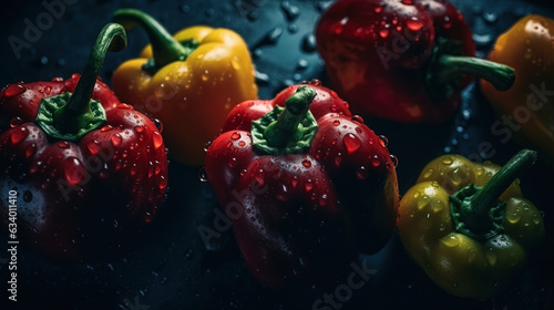 Close-up of bell peppers with water drops on dark background. Vegetable wallpaper