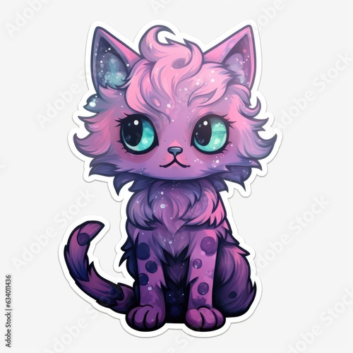A sticker of a purple cat with blue eyes. Digital image.