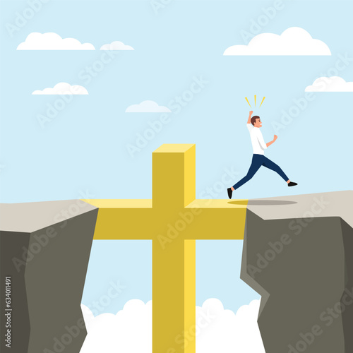 Startup, success, religion, christianity, help, business concept. Jesus Christ son of God helping happy young businessman crossing the cliff. Flat vector illustration isolated on white background