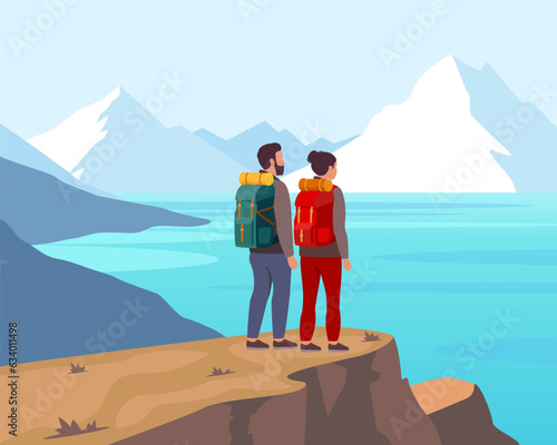 Couple of tourists, a guy and a girl walking in the mountains. Beautiful outdoor landscape. People with backpacks. Tourism, recreation, rock climbing. Vector illustration.