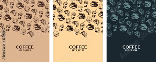 Coffee design poster set. Poster template on the theme of coffee. Coffee pattern, coffee tones, design elements, vector drawing.