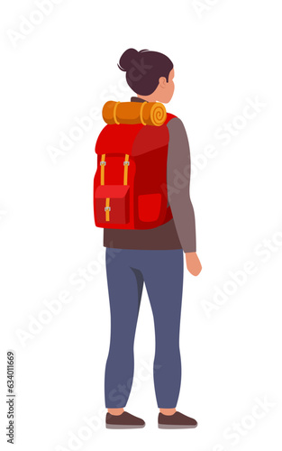 Young woman hiking tourist with a backpack. The concept of outdoor activities. Trekking, backpacking. Vector illustration.
