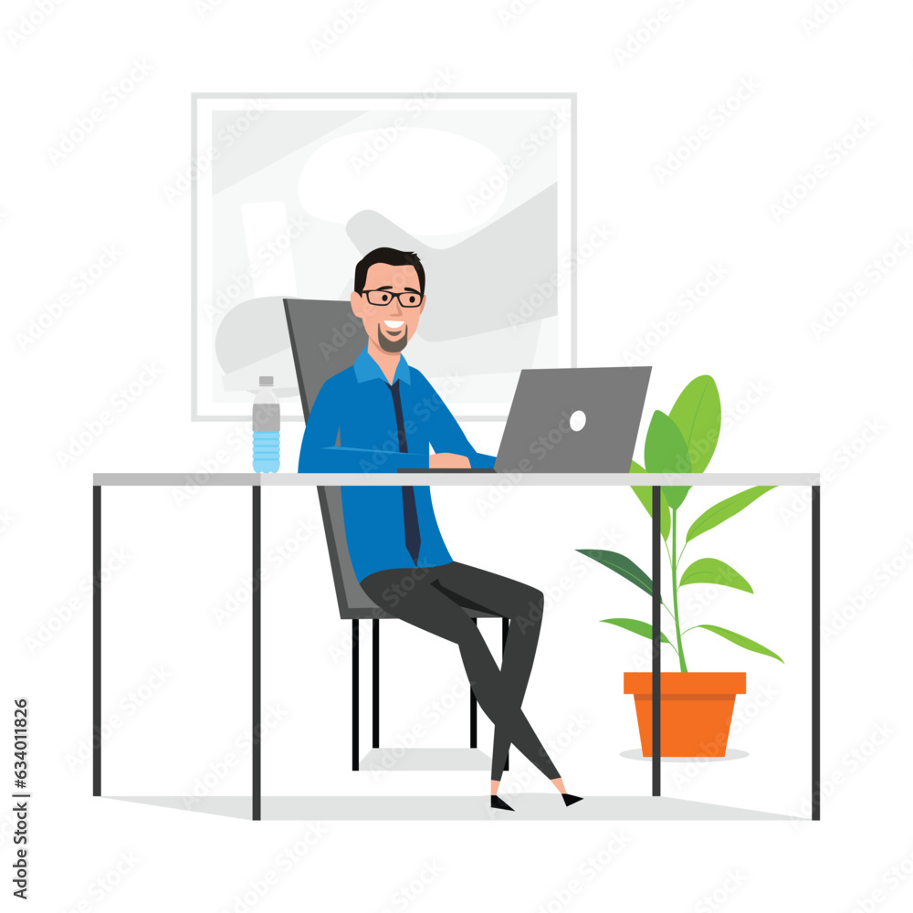Vector character illustration of man working at office. Employee manager or businessman sitting at desk, looking at laptop, writing notes, doing tasks. Effective time management, workplace, workflow.