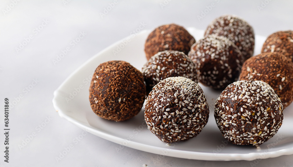Healthy raw energy balls with cocoa, coconut, sesame, chia on a white background. Vegan chocolate truffles. Copy space. Selective focus. Horizontal. Healthy raw energy balls with cocoa, coconut, sesame, chia on a white background. Vegan chocolate truffles. Copy space. Selective focus. Horizontal.