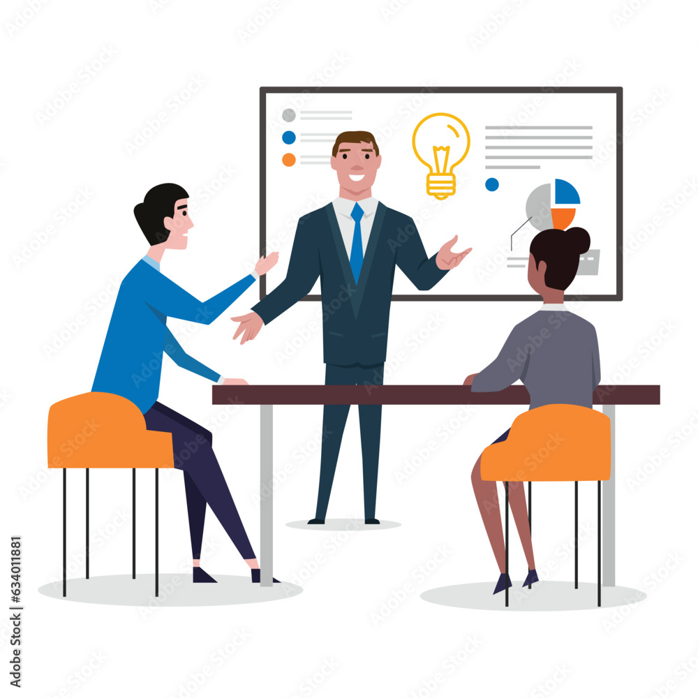 Business meeting. Presentation of the project. Man speaks before his colleagues. Flat vector illustration isolated on white background Business meeting. Presentation of the project. Man speaks before his colleagues. Flat vector illustration isolated on white background
