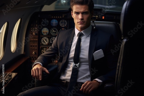 Portrait of captain pilot of a passenger plane inside the cabin