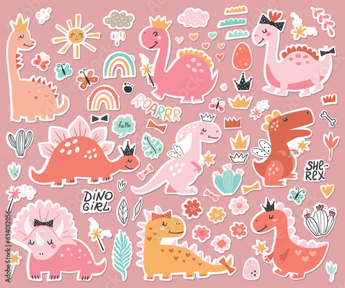 Collection of stickers with cute girl dinosaurs.