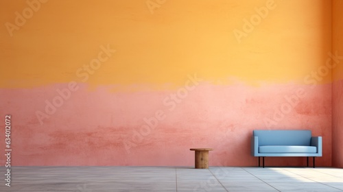 Wallpaper for desktop, background, interior pink and yellow wall, copy space, blue sofa, cork small table, Rothko style photo