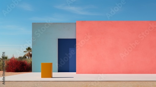 Wallpaper for desktop, background, exterior green and pink wall, copy space, plants, blue sky, Rothko style