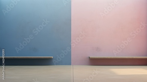 Wallpaper for desktop, background, interior pink and blue wall, copy space, concrete long benches, Rothko style