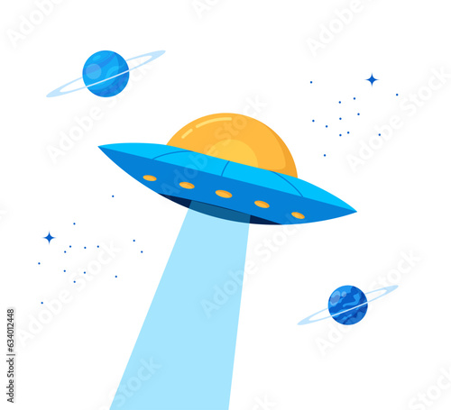 Poster with flying saucer and planets. Space. Planets, stars and comets in cartoon style. Vector illustration.