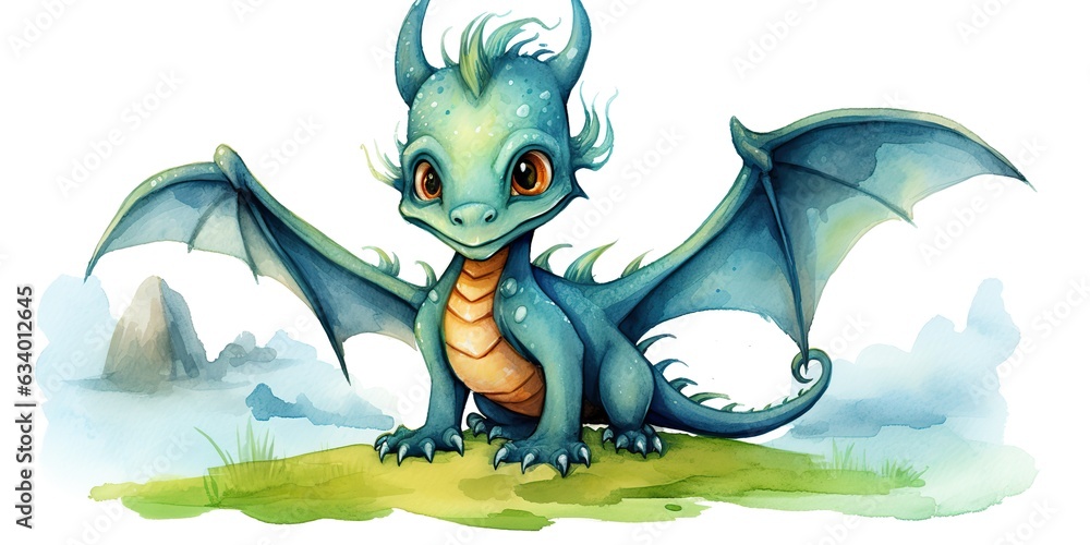 Naklejka premium AI Generated. AI Generative. Cute funny kid character dragon watercolor drawing paint. Chinese New Year symbol. Can be used like poster or home decoration canvas.