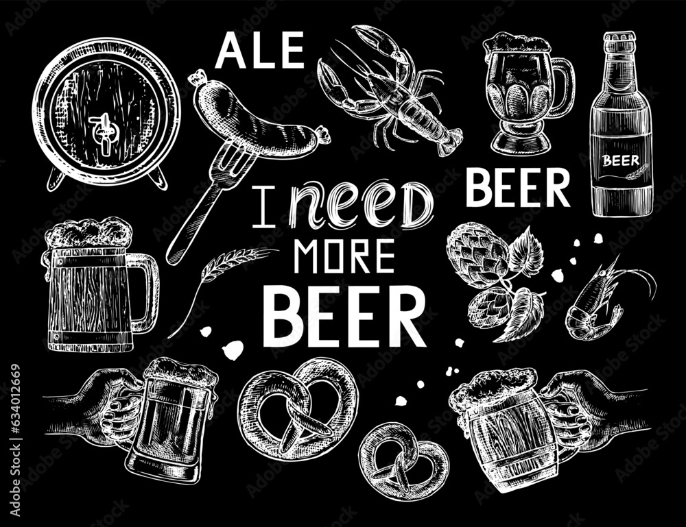 Fototapeta premium Vector illustration sketch beer collection on black chalkboard. Oktoberfest