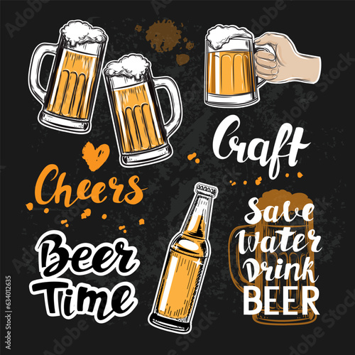 Hand drawn sketch illustration with glasses of beer collection and the beer inscription on a black background