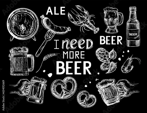 Vector illustration sketch beer collection on black chalkboard. Oktoberfest