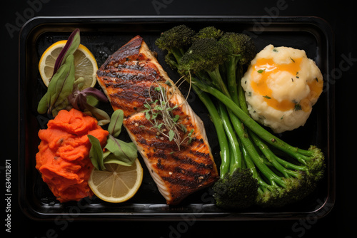 A meal of salmon, broccoli, mashed potatoes and carrots. Digital image. Premade meal. photo