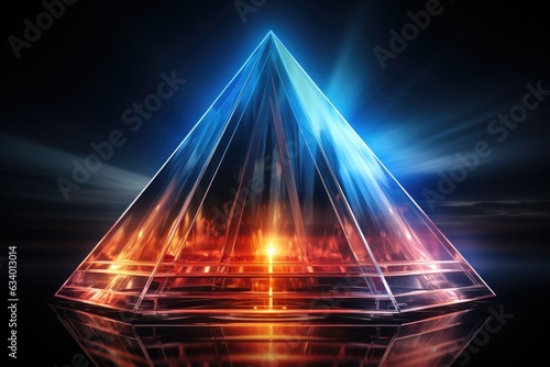 A crystal pyramid with a bright light coming out of it. Digital image.