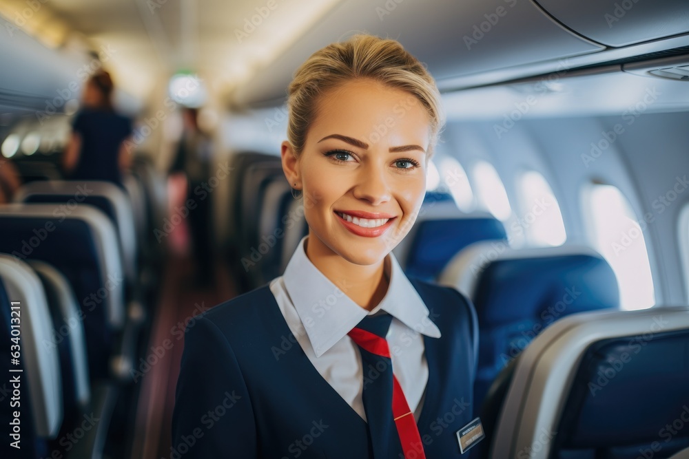Beautiful female stewardess at work on the airplane Beautiful female stewardess at work on the airplane