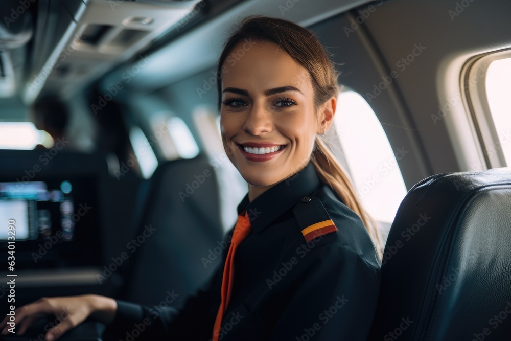 Beautiful female stewardess at work on the airplane Beautiful female stewardess at work on the airplane