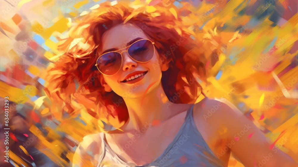 young smiling woman with red hair at the disco, abstract impressionism style illustration. Generative AI.. Generative Ai.