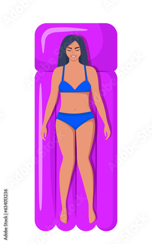 Woman lying on inflatable mattress against white background, top view. Vector illustration.